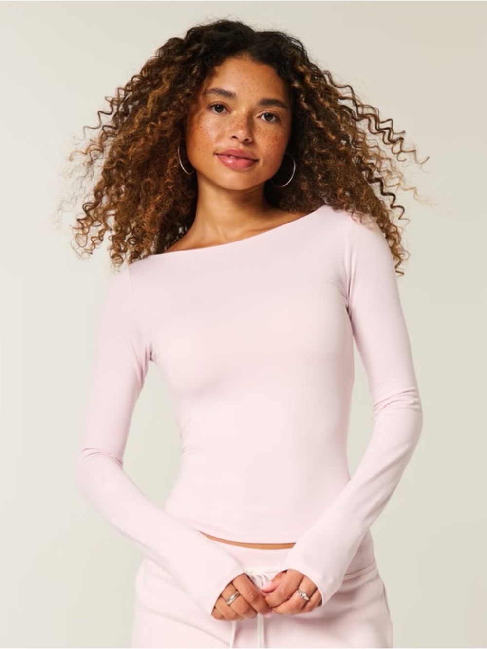 Women's Long-sleeve Soft Seamless Light Pastel Pink Neck Top Size Large